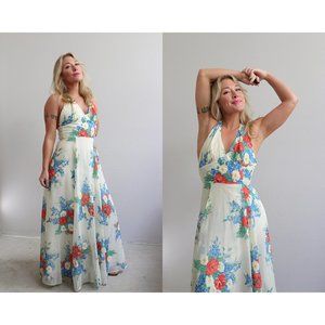1970's Arjon Floral Halter Long Maxi Dress // Women's XXS to Extra Small 70's